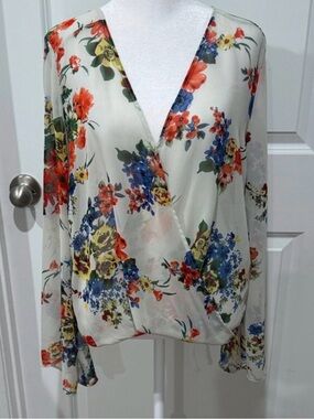 Cream Floral Wrap Blouse with Red & Blue Blooms